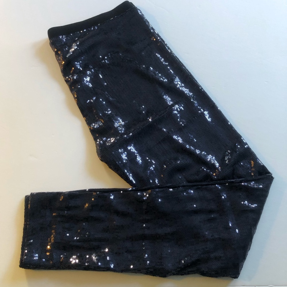Blue Sequin Leggings Party Pants pull on lined SZ M elastic waistband